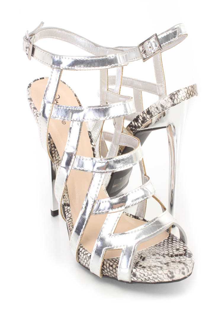 Silver Strappy Single Sole High Heels Nubuck
