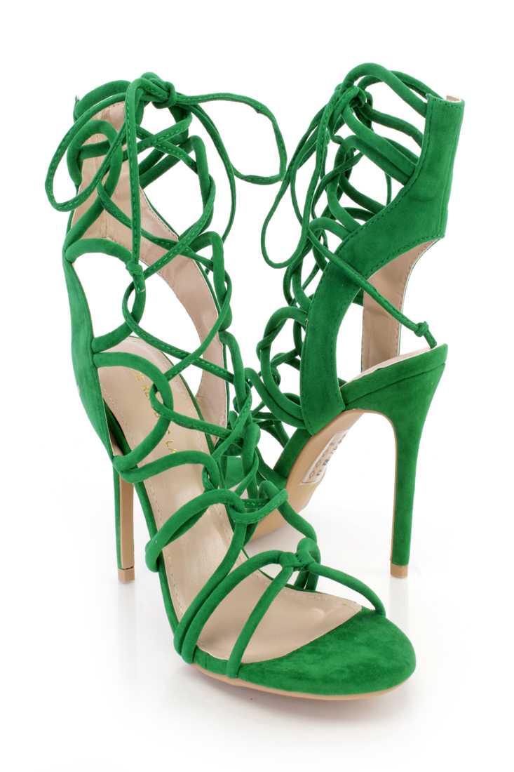 Green Lace Up Loop Strappy Single Sole High Heels Faux Suede