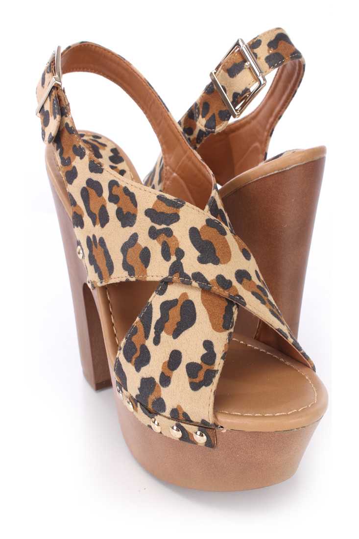 Leopard Peep Toe Cross Strap Slingback Heels Faux Leather