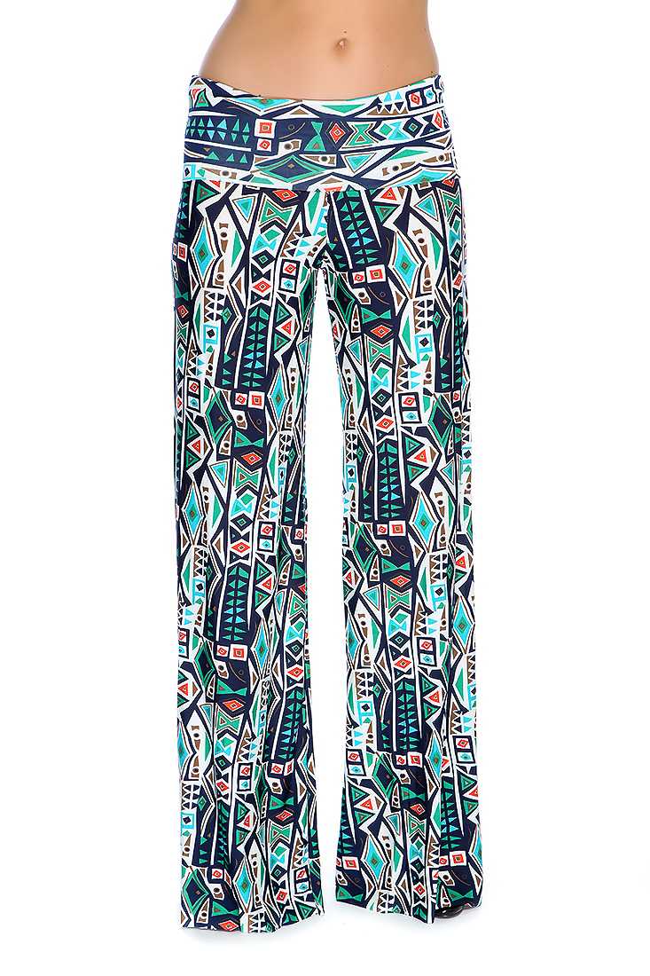 Navy Green Tribal Print Wide Leg Cute Casual Pants