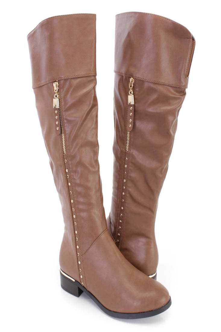 Taupe Studded Zipper Detail Riding Boots Faux Leather