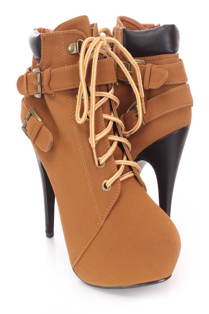 Tan Lace Up Platform Booties Nubuck