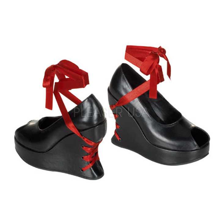 Black Faux Leather Corset Ribbon Wedges