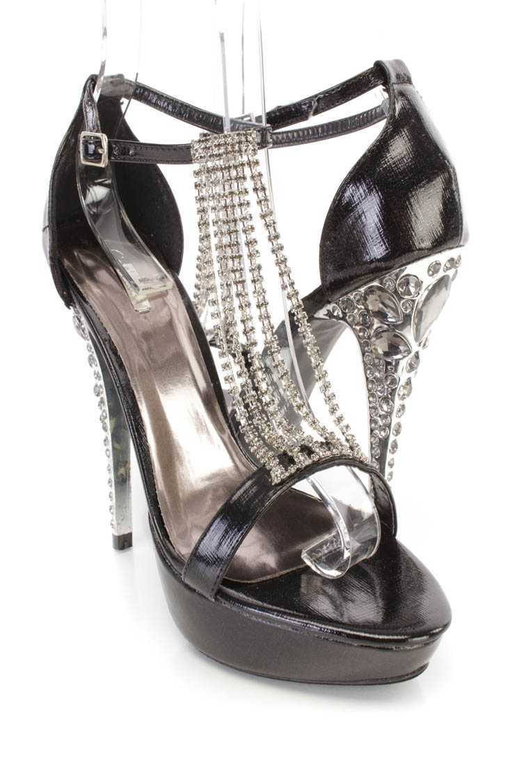 Black Rhinestone Strappy High Heels Faux Leather