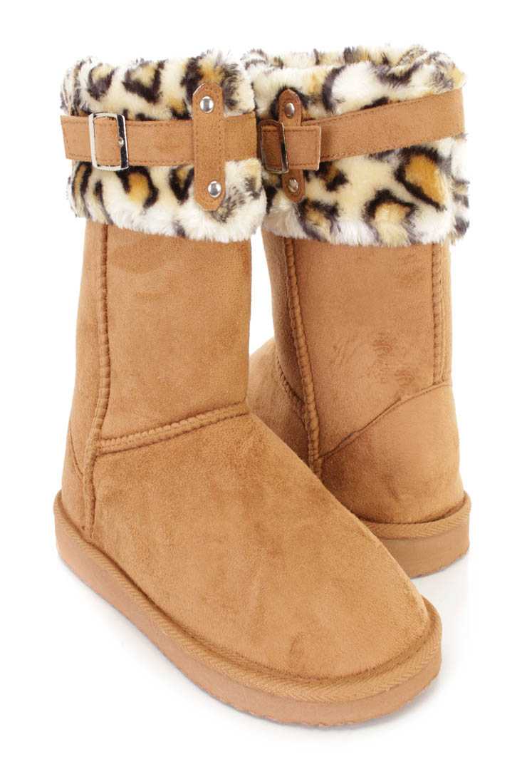 Camel Faux Fur Cuffed Casual Flat Boots Faux Suede
