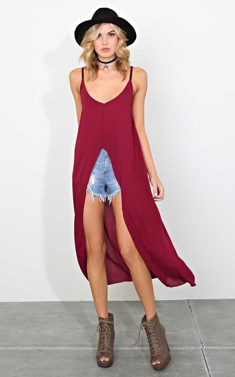 Rock It Longline Woven Tunic - LGE - Burgundy in Size Large by Styles For Less