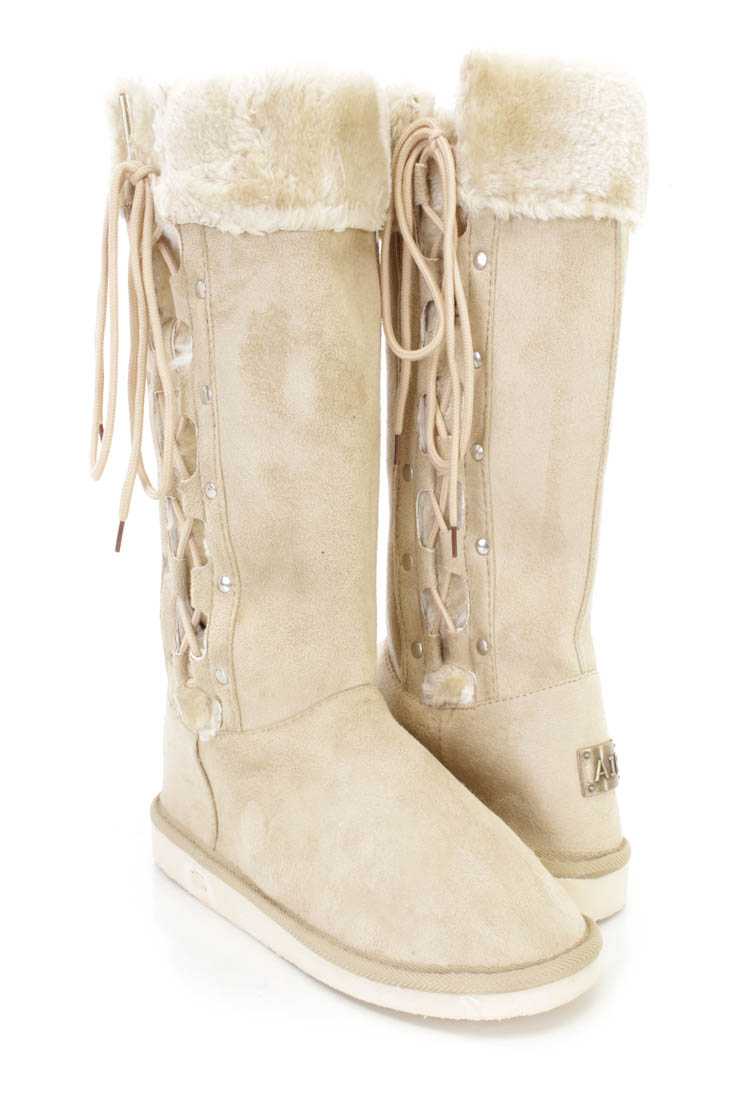 Beige Lace Up Mid Calf Casual Boots Faux Suede