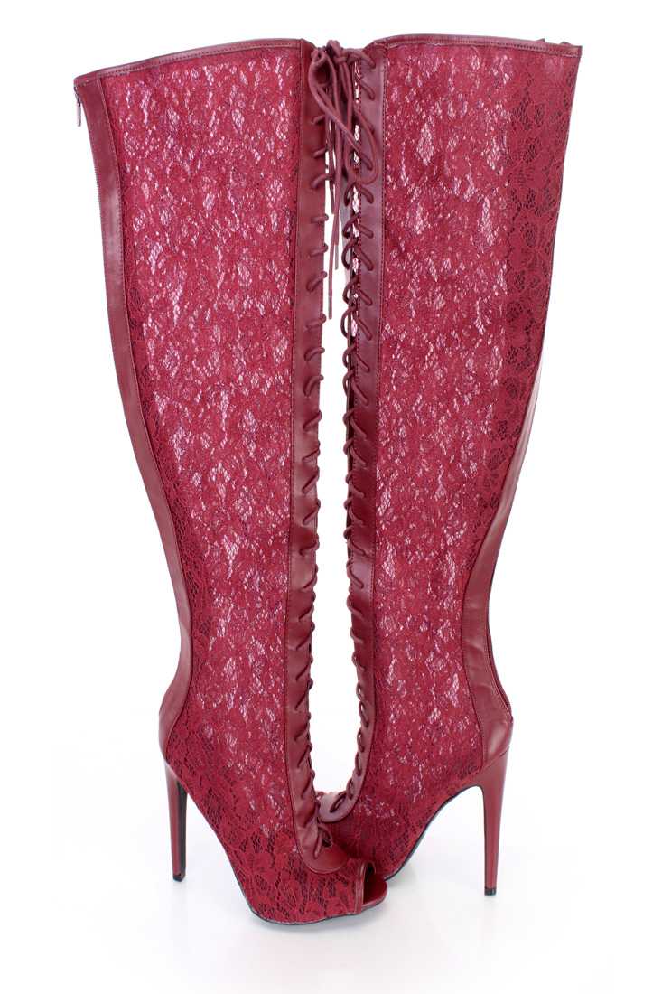 Burgundy Lace Up Thigh High Single Sole Boots Lace