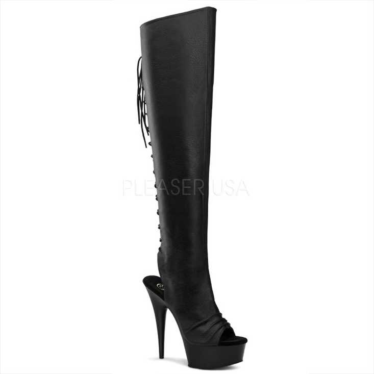 Black Faux Leather Lace Up Thigh High Boots