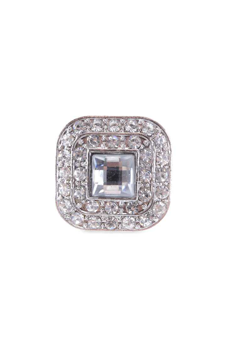 Silver Rhinestone Detailing High Polish Square Ring