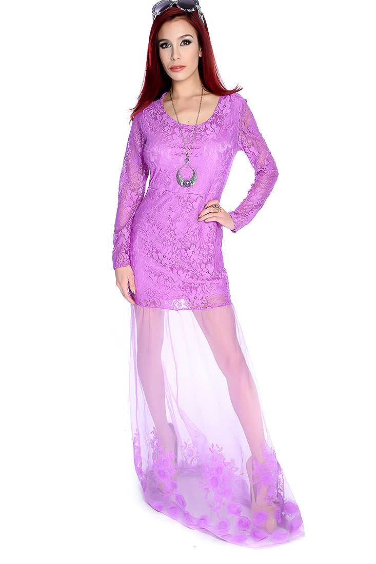 Sexy Lavender Long Sleeve Floral Lace Mesh Detail Mermaid Dress