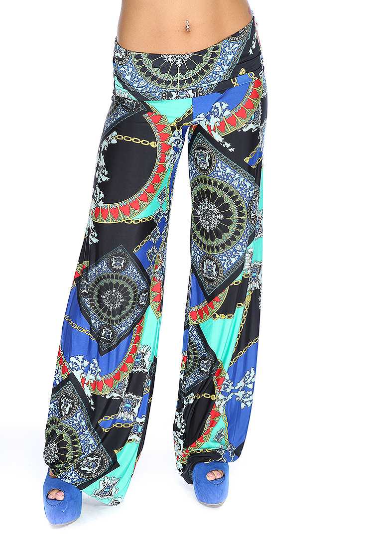Seafoam Blue Moroccan Print Wide Leg Cute Casual Pants