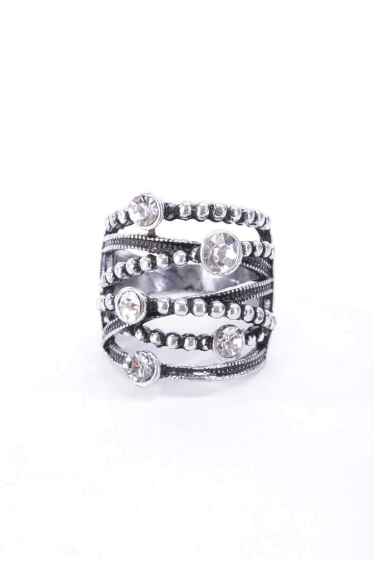 Gunmetal Antique Finished Intricate Rhinestone Accent Ring