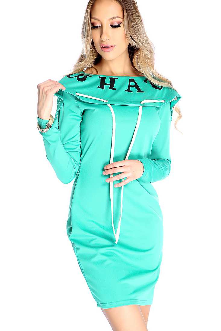 Sexy Green Graphic Print Drawstring Hooded Casual Sweater Dress