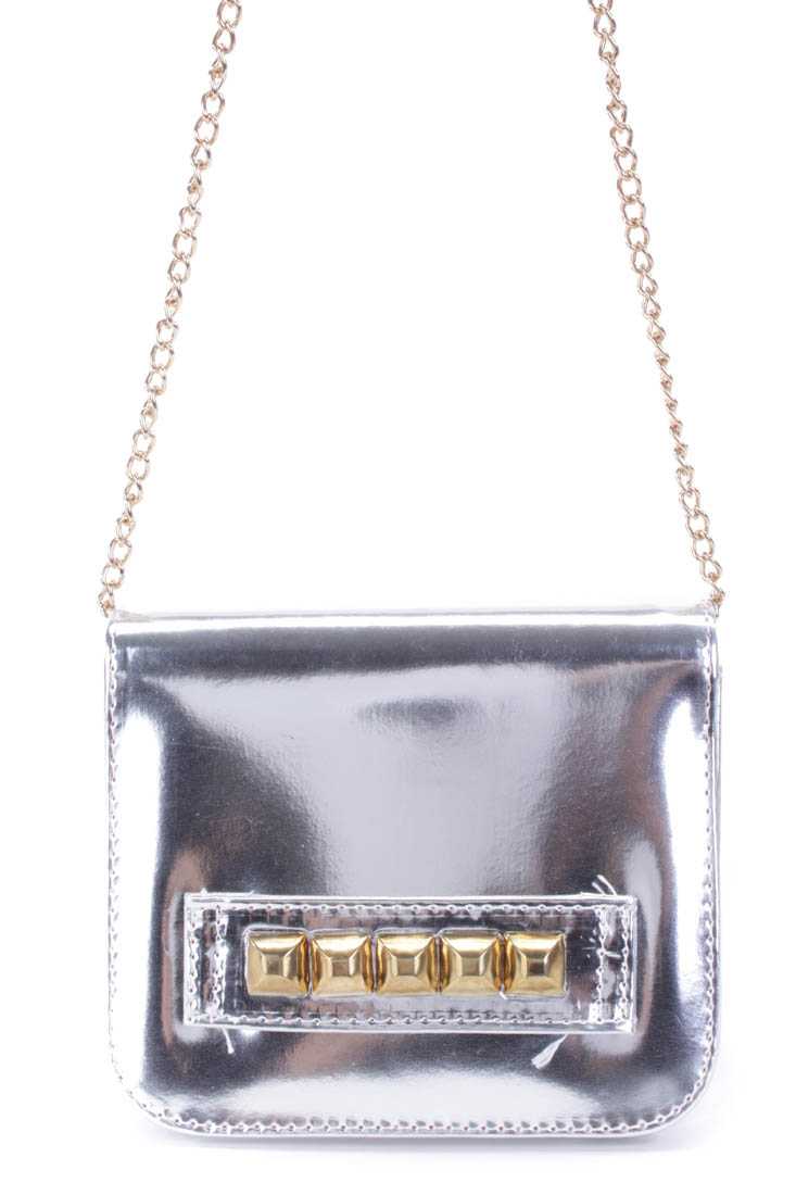 Silver Patent Faux Leather Chain Strap Studded Handbag