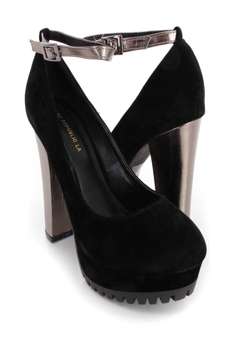Black Platform Metallic Chunky High Heels Faux Suede