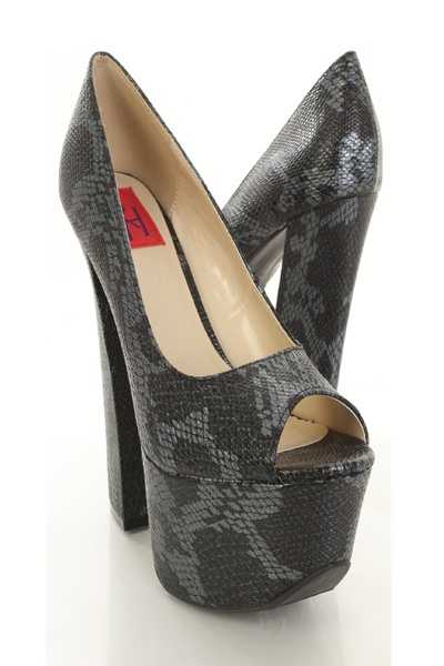 Black Textured Snake Skin Faux Leather Peep Toe Chunky Platform Heels