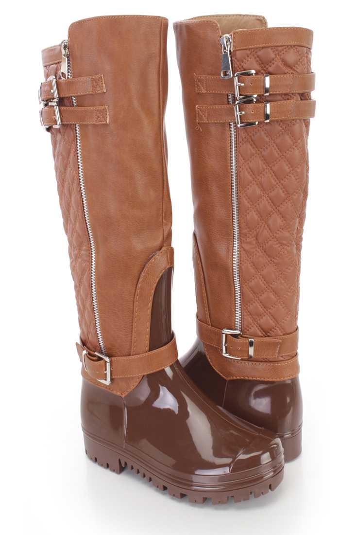 Tan Stitched Quilted Riding Boots Faux Leather