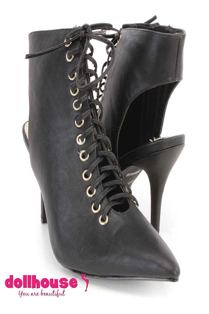 Black Lace Up Single Sole Ankle Booties Faux Leather