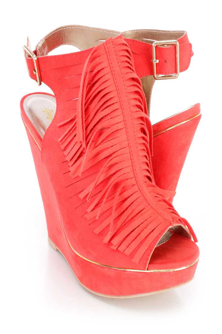 Tangerine Razor Cut Fringe Peep Toe Wedges Suede