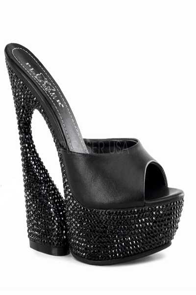 Black Kid Leather One Band Slip-On Slide Sculptured Platform Wedge Heel