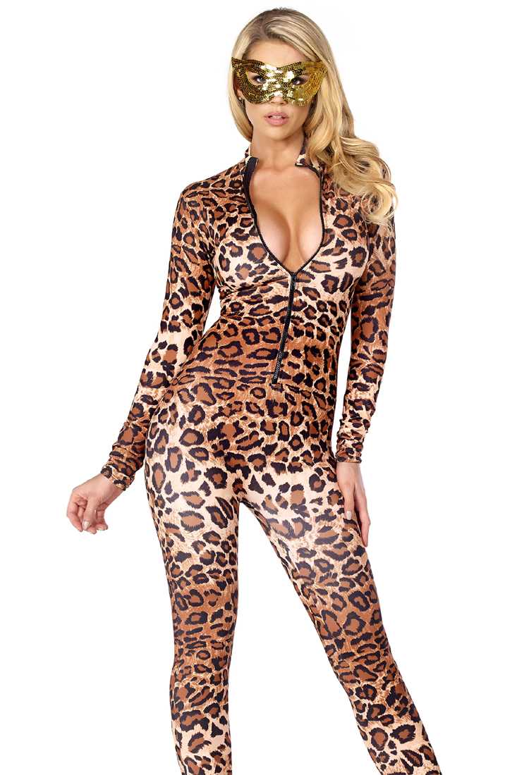 Leopard Long Sleeves Zipper Front Sexy Costume