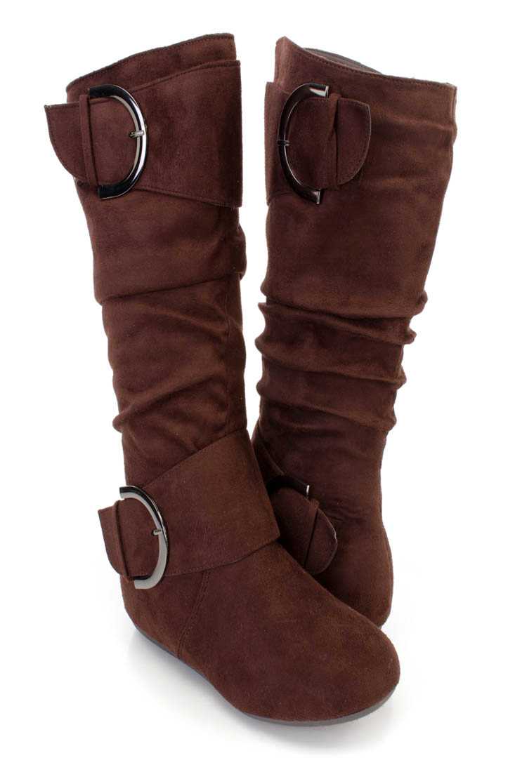 Brown Buckle Strappy Casual Boots Faux Suede