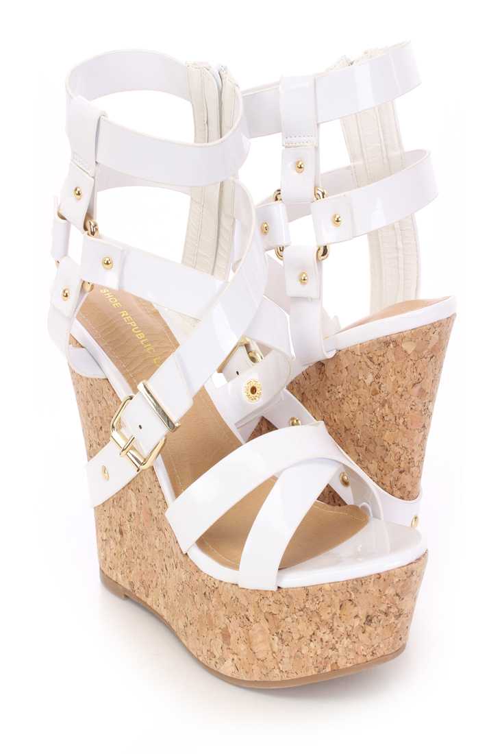 White Buckle Strappy Cork Platform Wedges Patent