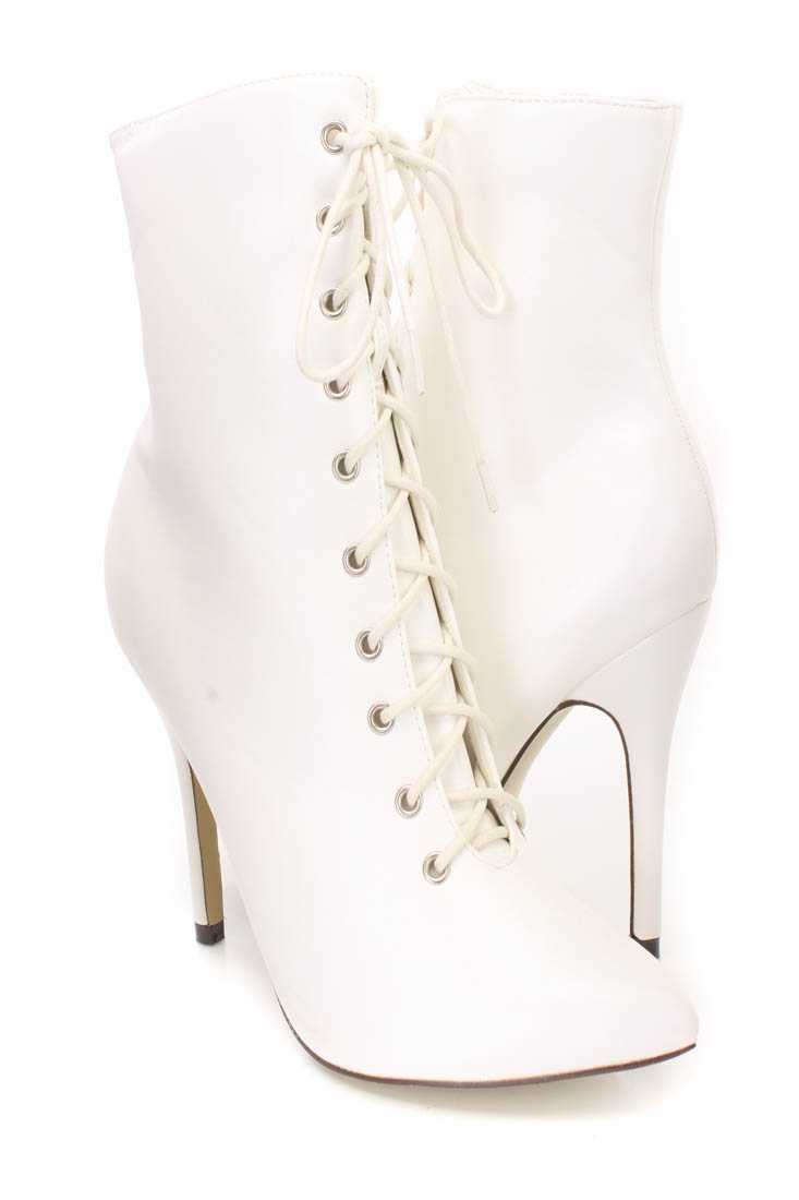 White Lace Up Single Sole Heel Booties Faux Leather