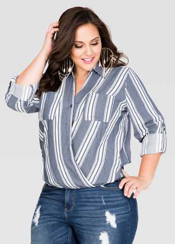 Striped Crossover Denim Shirt
