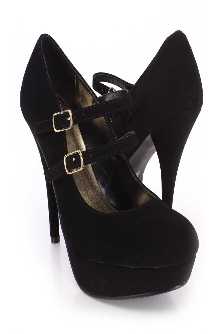 Black Maryjane Platform High Heels Nubuck Faux Leather