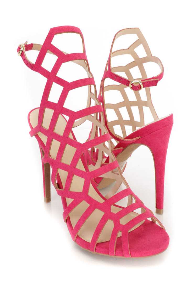 Dark Fuchsia Caged Peep Toe Heels Faux Suede