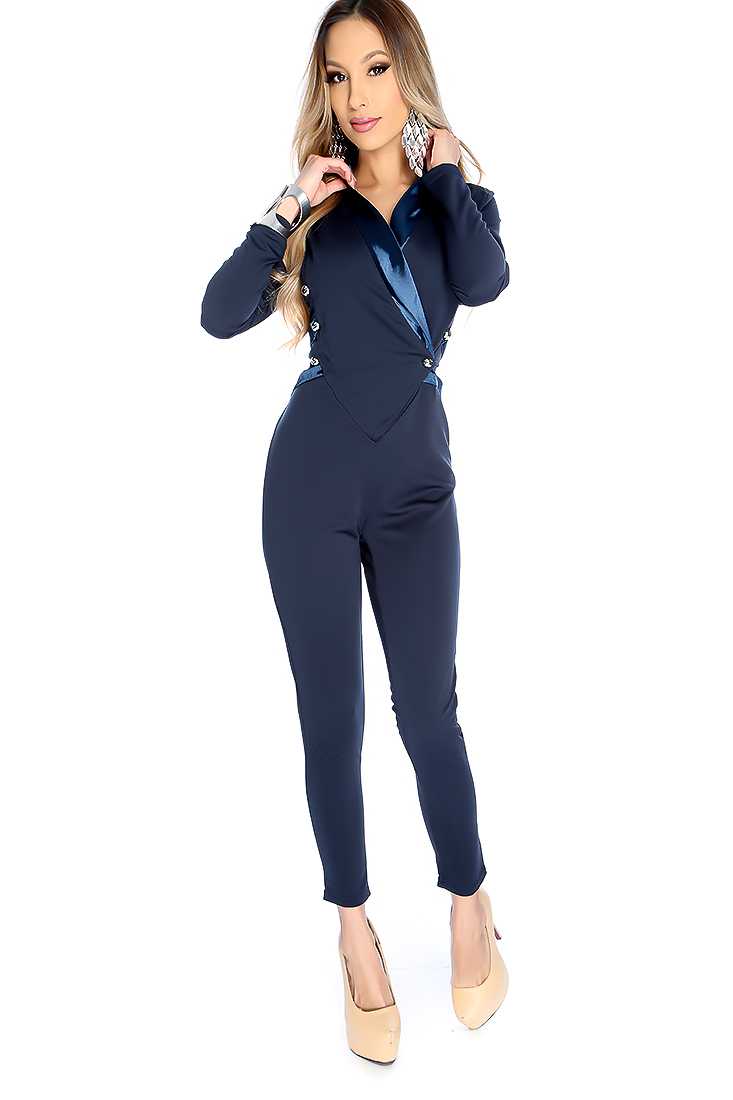 Sexy Navy Long Sleeve V Neck Jumpsuit