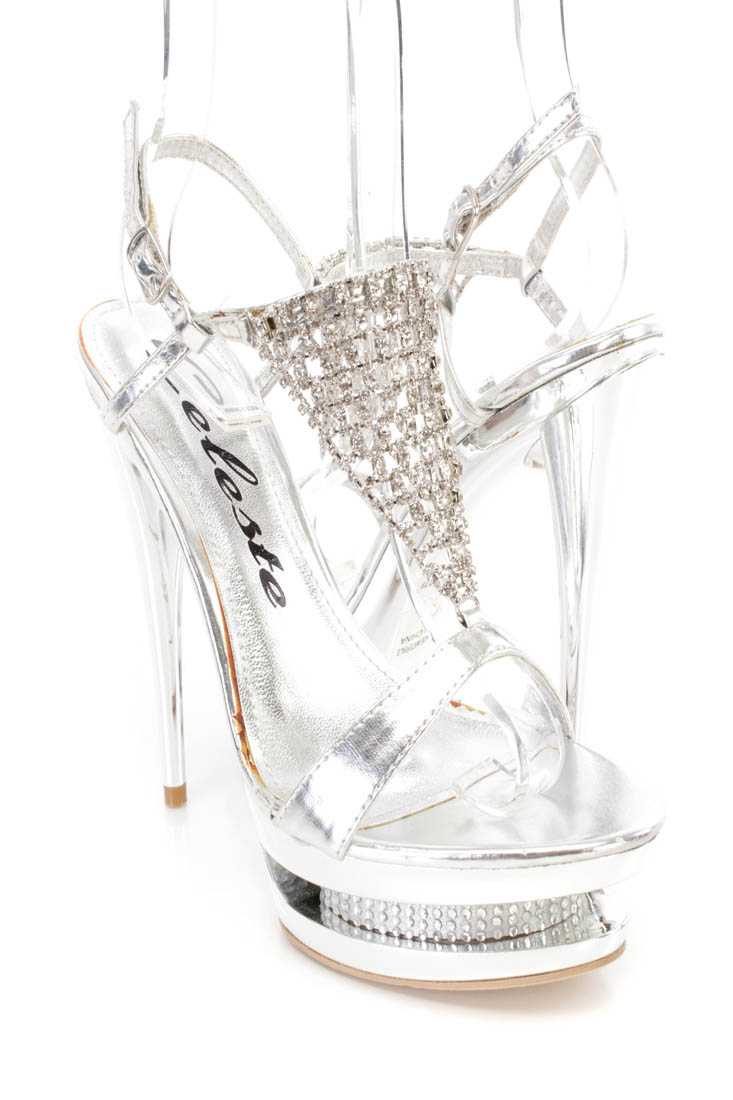 Silver Rhinestone Strappy Platform High Heels Faux Leather