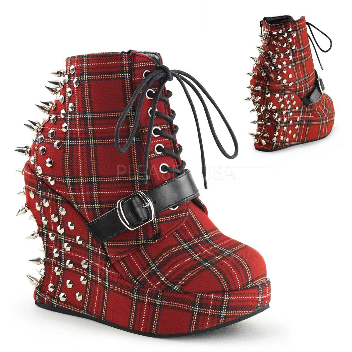 Red Plaid Canvas Fabric Lace Up Ankle Booties