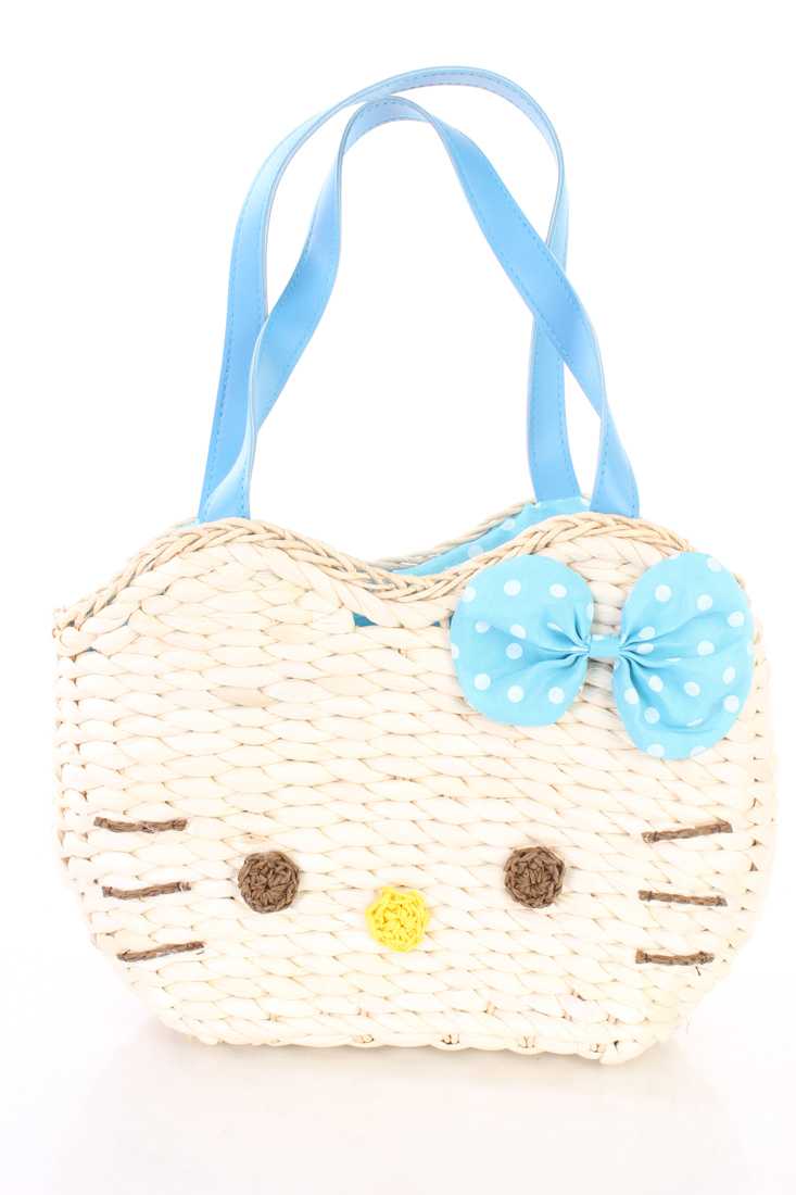 Light Blue Kitty Face Woven Straw Tote Beach Bag