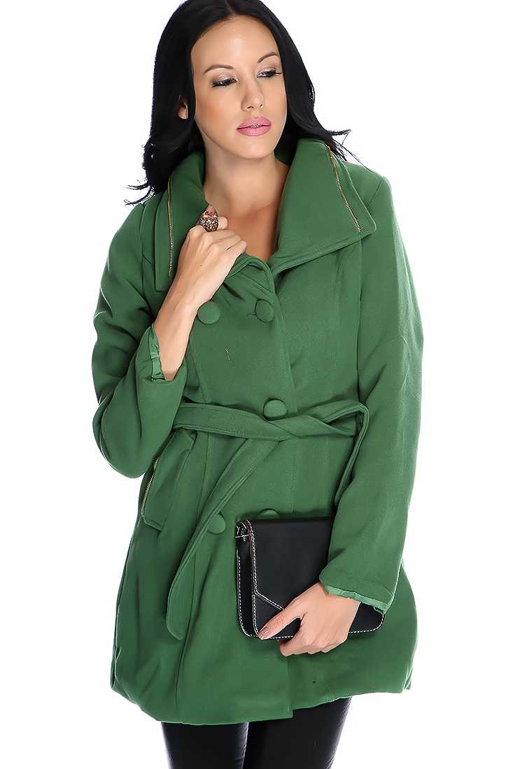 Green Button Up Zipper Detail Belted Coat