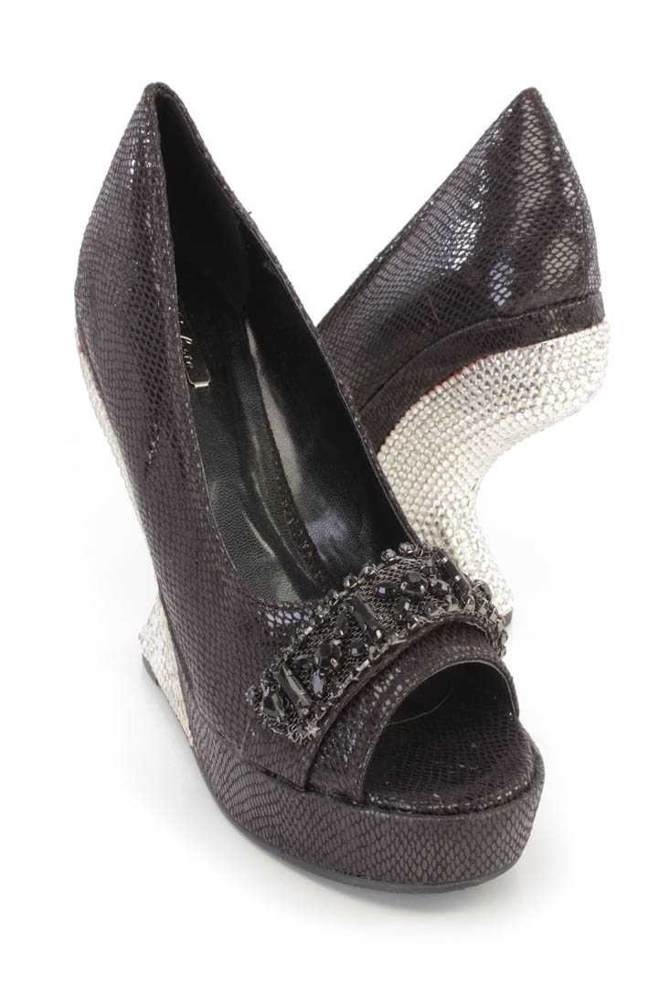 Black Gemstone Rhinestone Curved Wedges Faux Leather