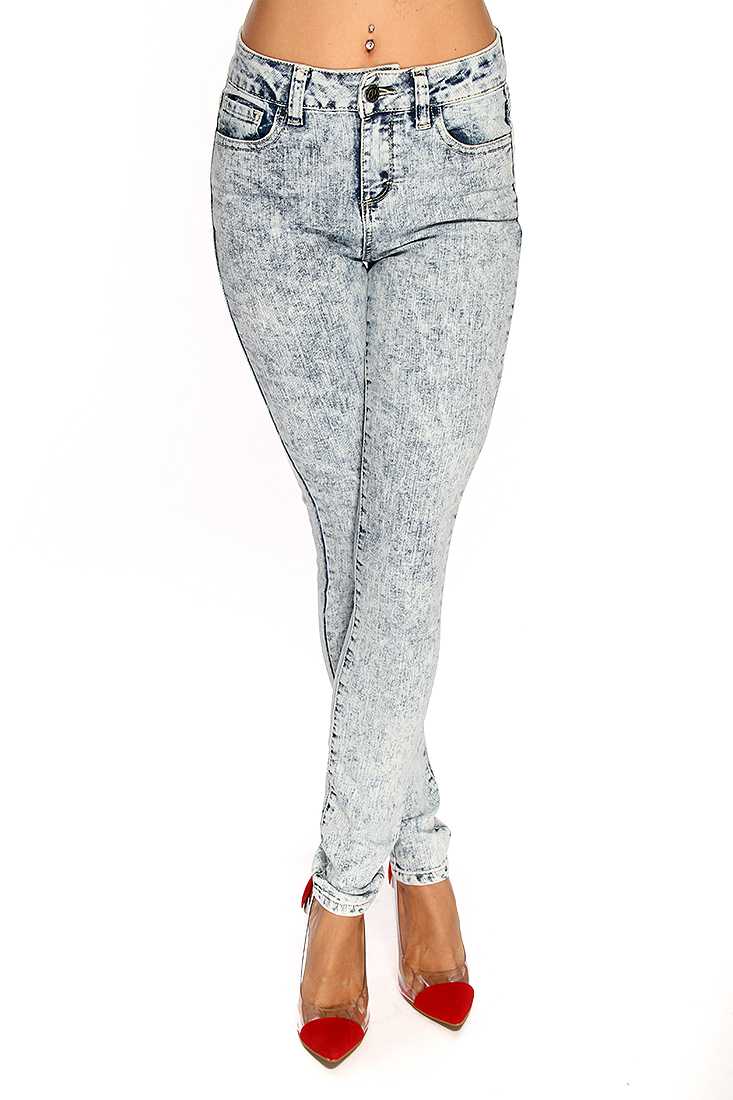 Acid Wash Pocketed Denim Blue Sexy Skinny Jeans
