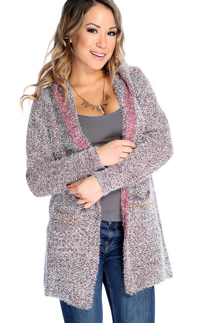 Wine Mohair Open Front Spike Studded Hooded Sweater