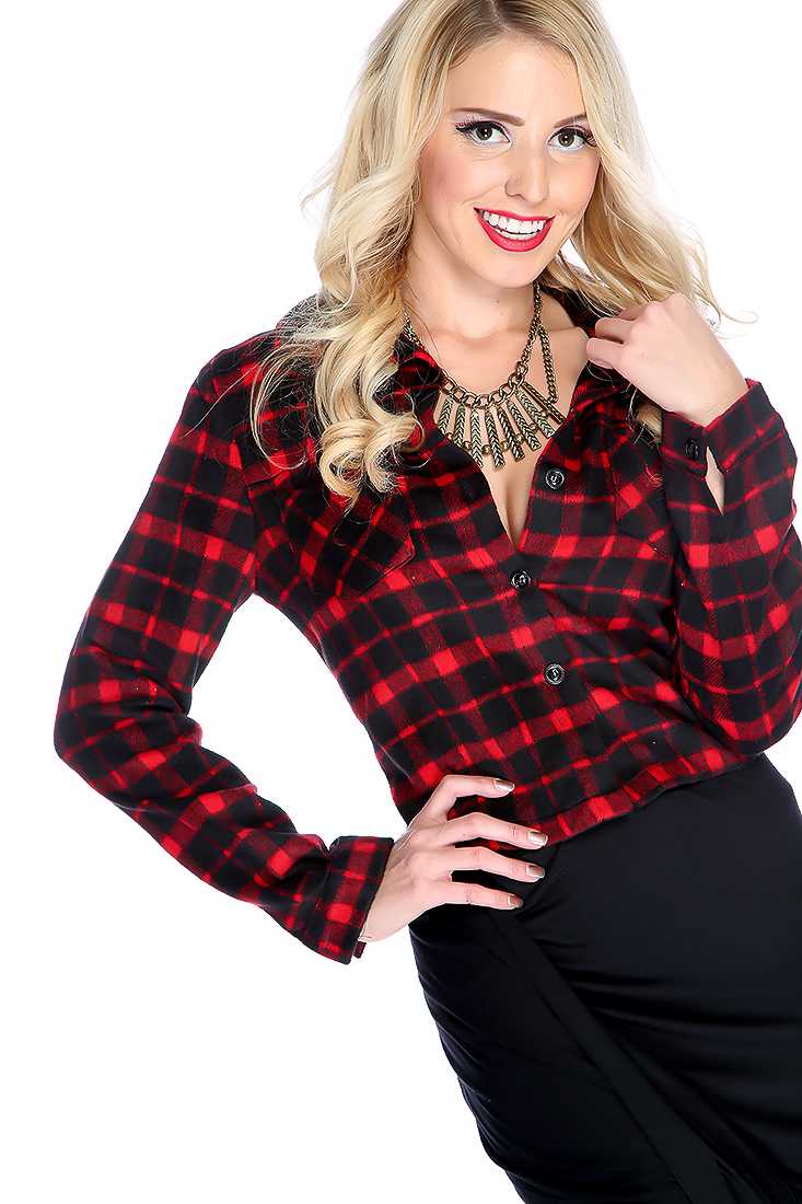 Red Black Croped Gingham Pattern Jacket
