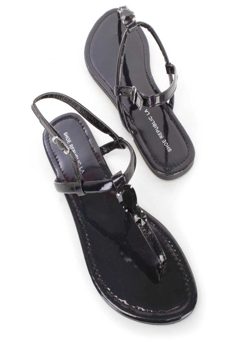 Black Faceted Gemstone Decor Thong Sandals Faux Leather