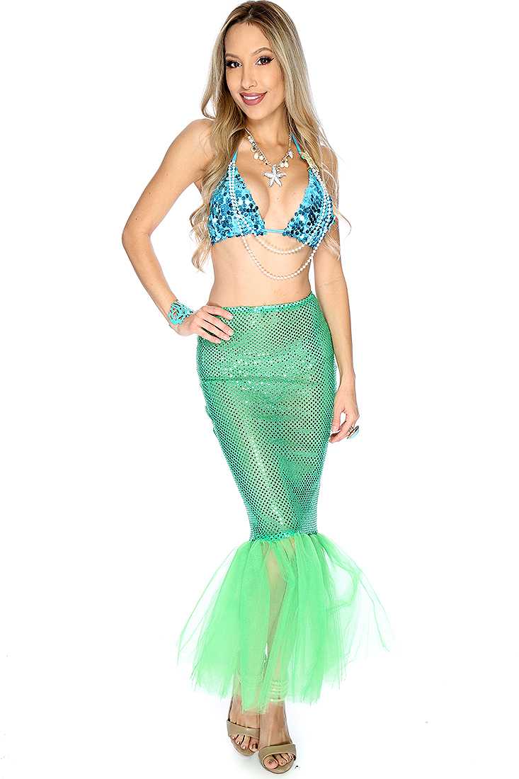 Blue Green Sequin Faux Pearl 2.Piece Mermaid Costume