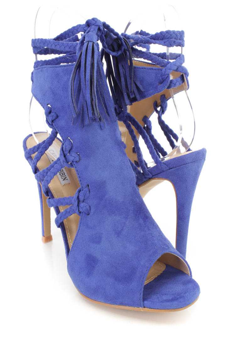 Blue Wrap Around Braided Strappy Single Sole High Heels Faux Suede