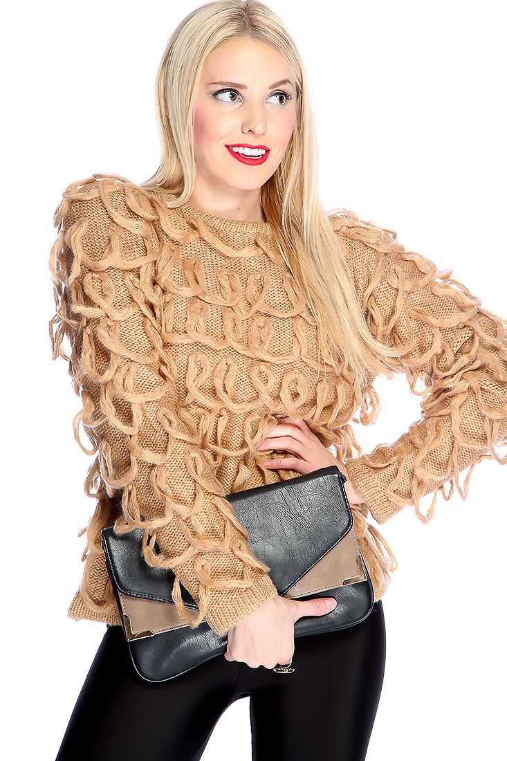 Camel Long Sleeves Open Knitted Round Neckline Strappy Detailing Sweater