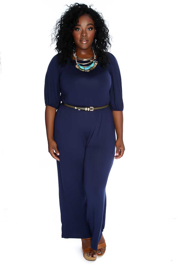 Sexy Navy Quarter Sleeve Plus Size Jumpsuit