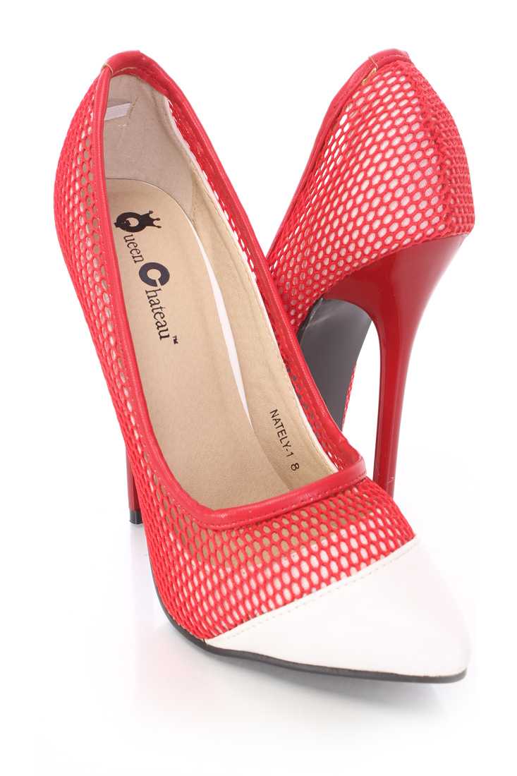 Red Netted Two Tone Single Sole Pump High Heels Fabric