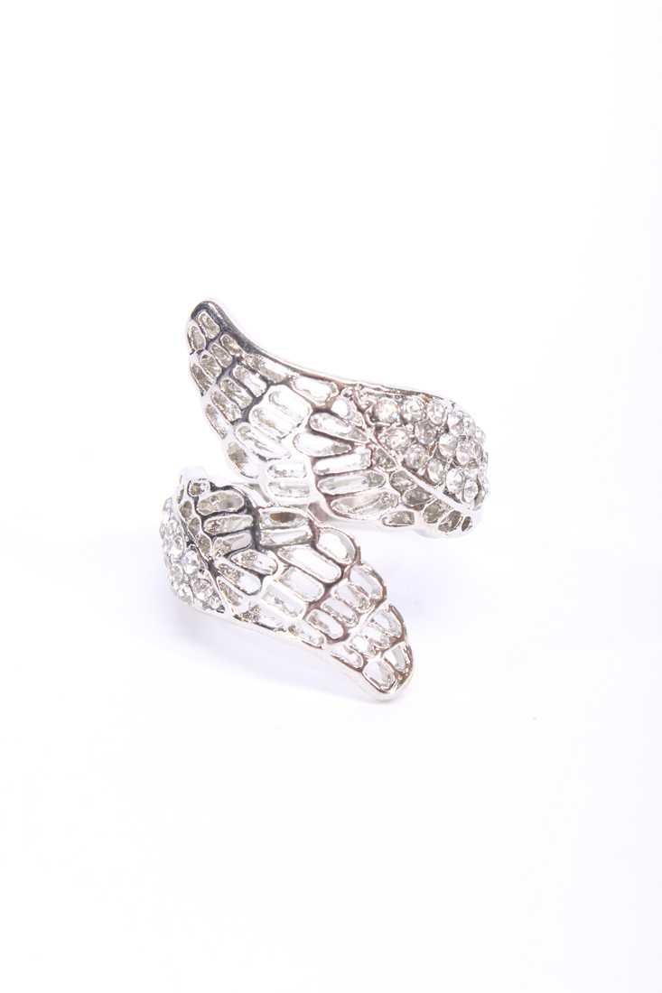 Silver Double Wing High Polish Metal Rhinestone Accent Ring