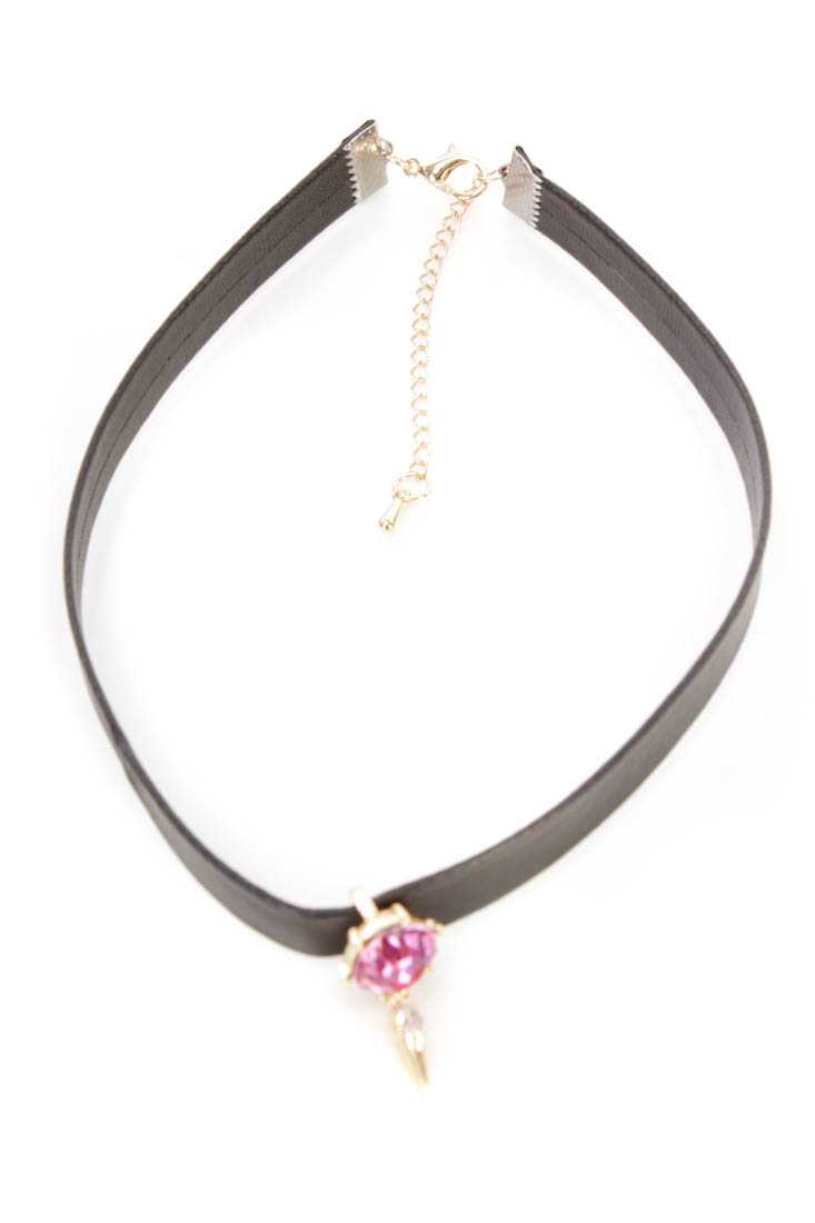 Black Fuchsia Faux Leather Faceted Beaded Chocer