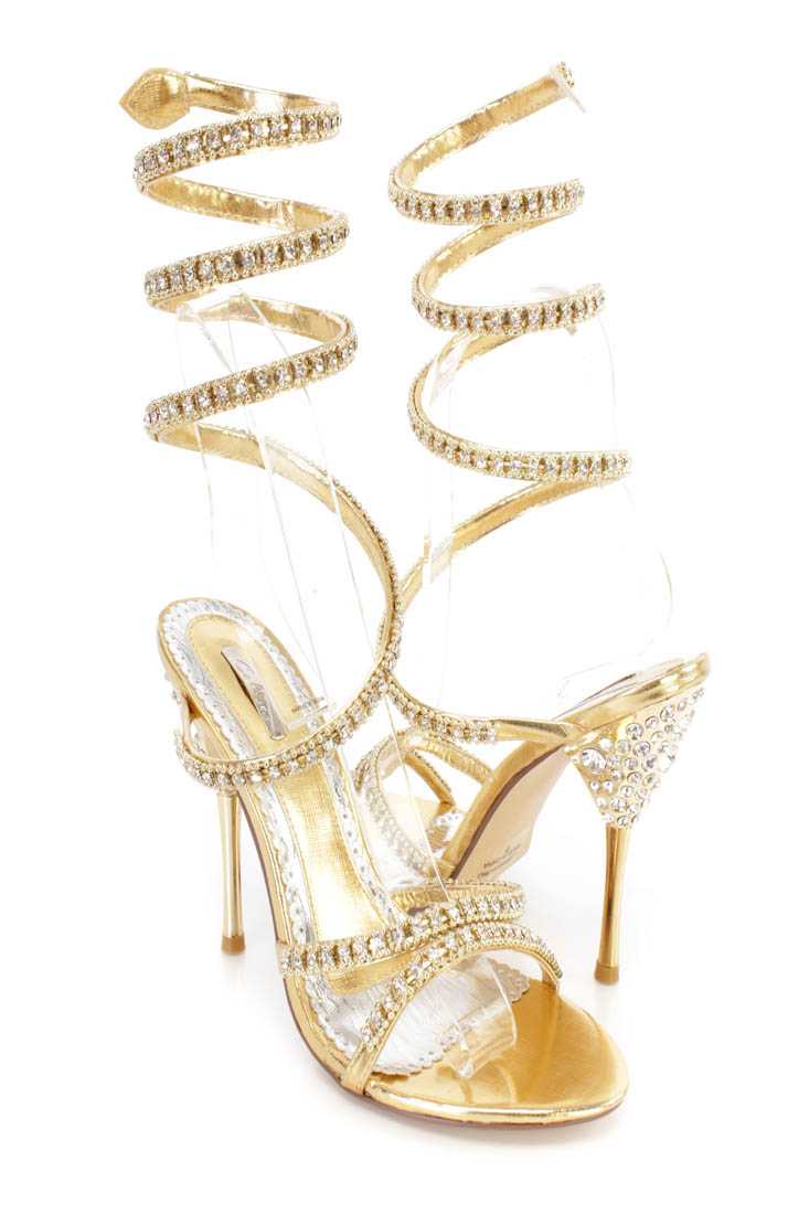 Gold Rhinestone Wrap Around High Heels Faux Leather